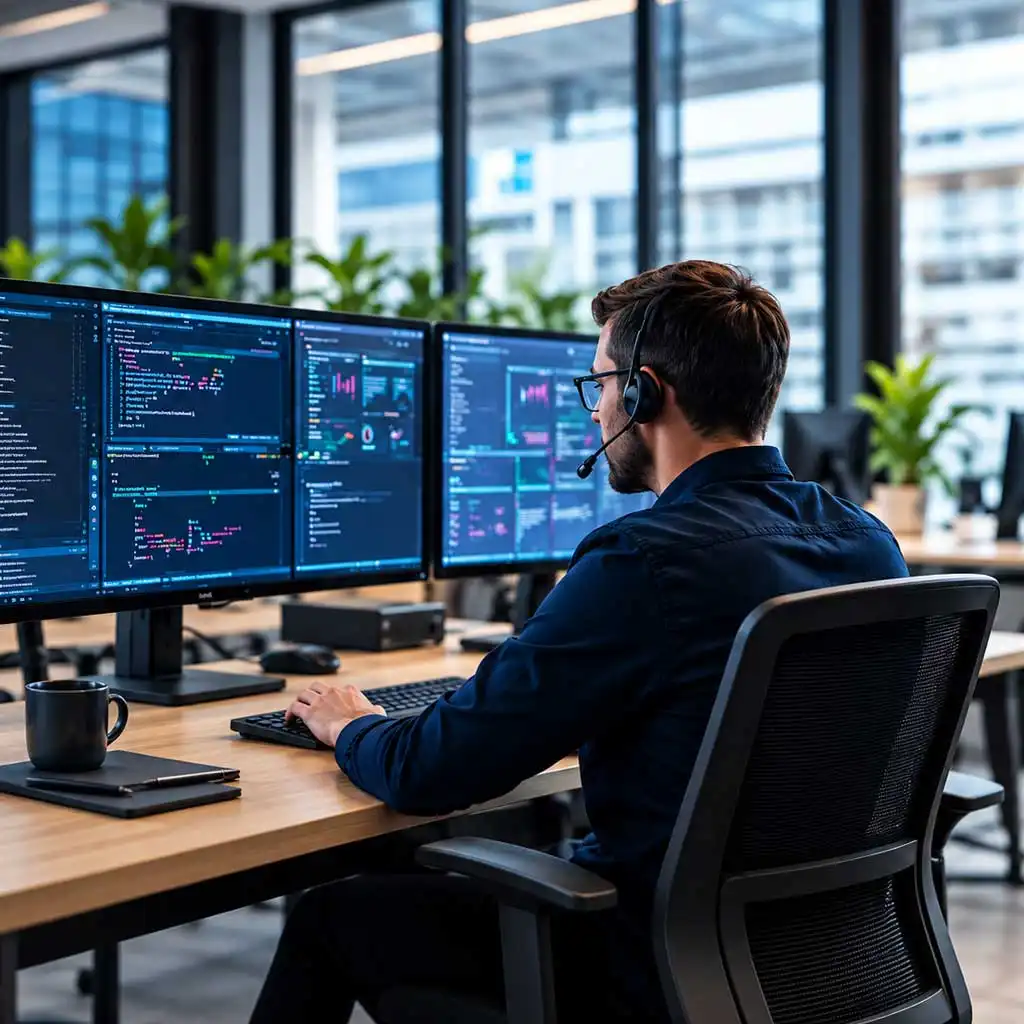 IT support engineer with a headset monitoring systems across several screens