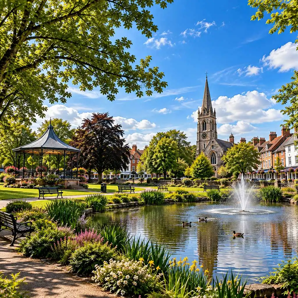 Park in Petersfield with a bandstand, pond and fountain, and the church spire beyond