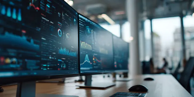Row of monitors showing IT monitoring dashboards