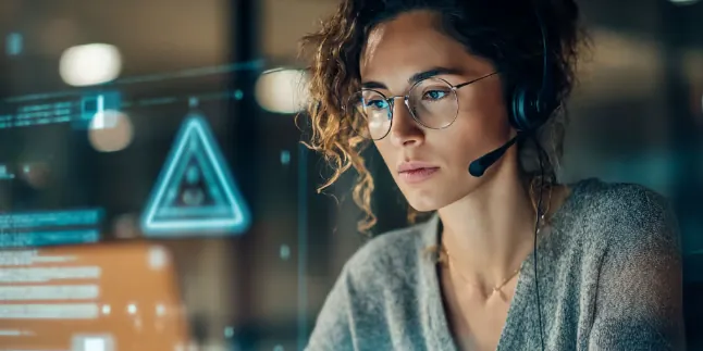 Support engineer with a headset watching a security alert on screen