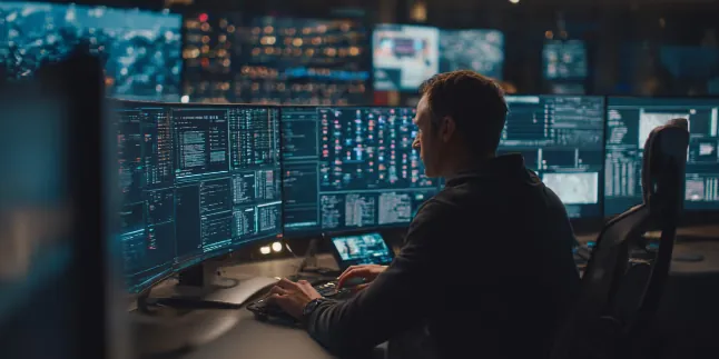 Engineer at a desk of monitors checking system performance