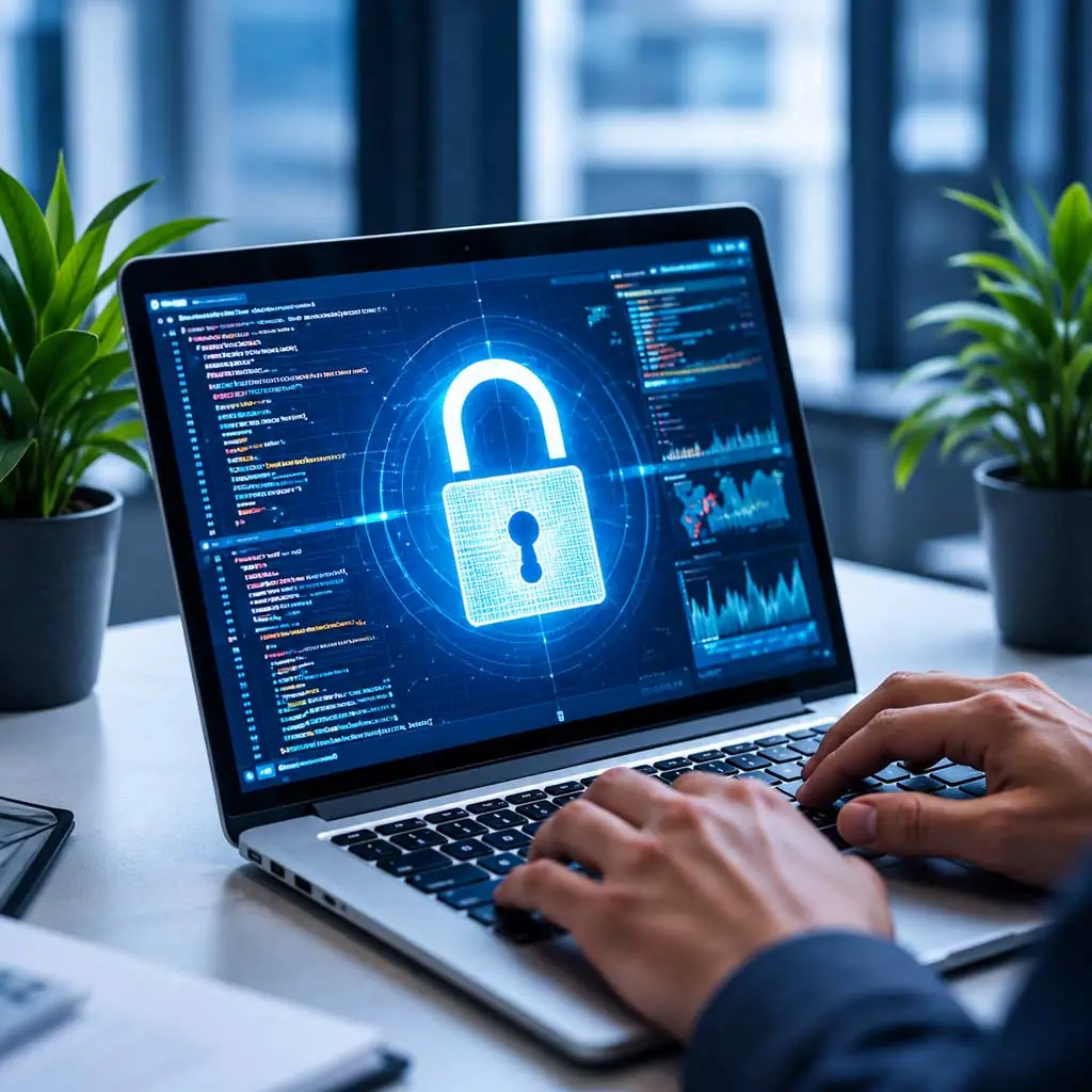 Hands typing on a laptop showing a padlock over security code and dashboards